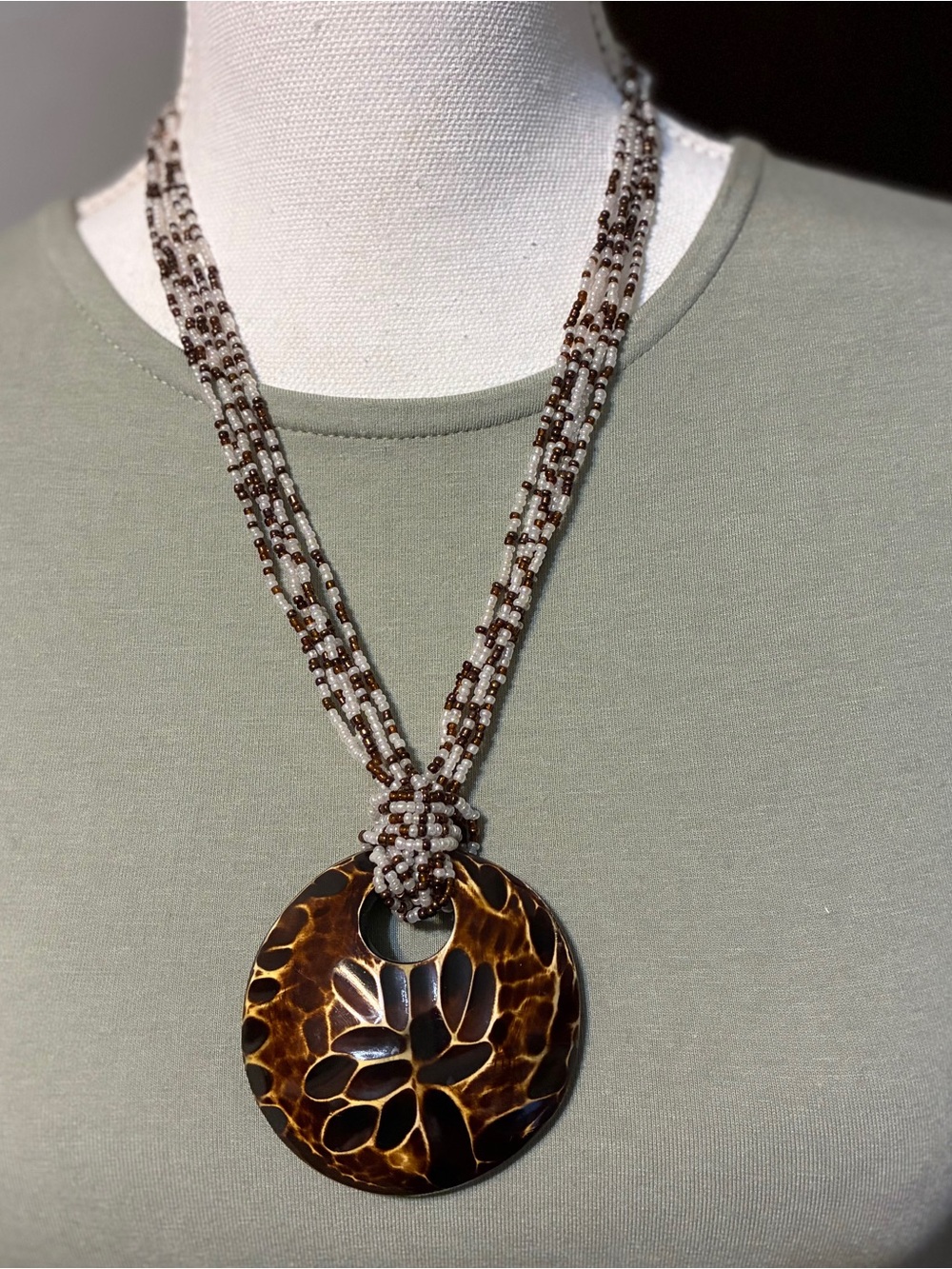 Brown Beaded Statement Necklace with Round Floral Resin Pendant